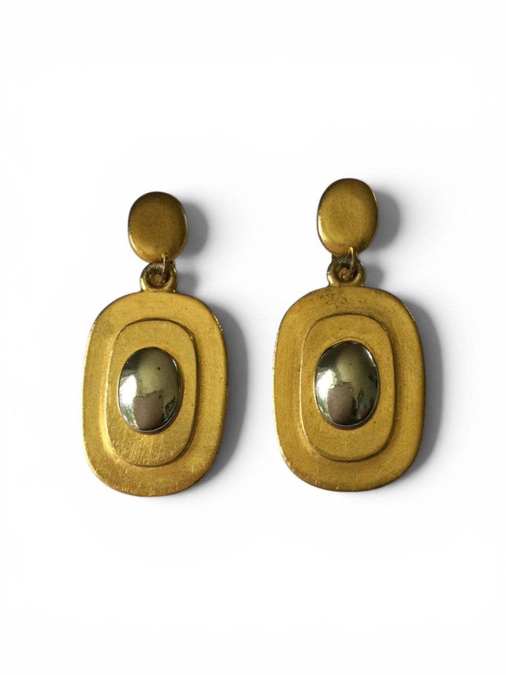 Rare 1960s FLORENZA Geometric Clip-on Dangling Earrings Matte Gold, Shiny Silver